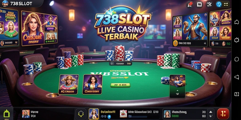 Screenshot gameplay 738SLOT menampilkan dealer langsung dan pemain yang sedang bermain.