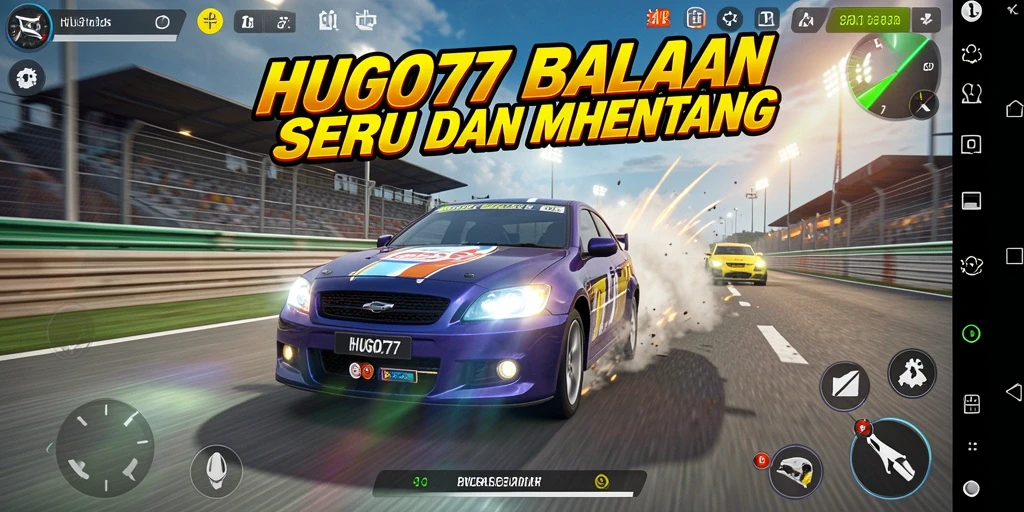Tampilan gameplay seru dalam balapan HUGO77 yang menggugah adrenalin.