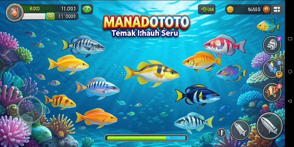 Screenshot gameplay MANADOTOTO saat menembak ikan dengan berbagai senjata.