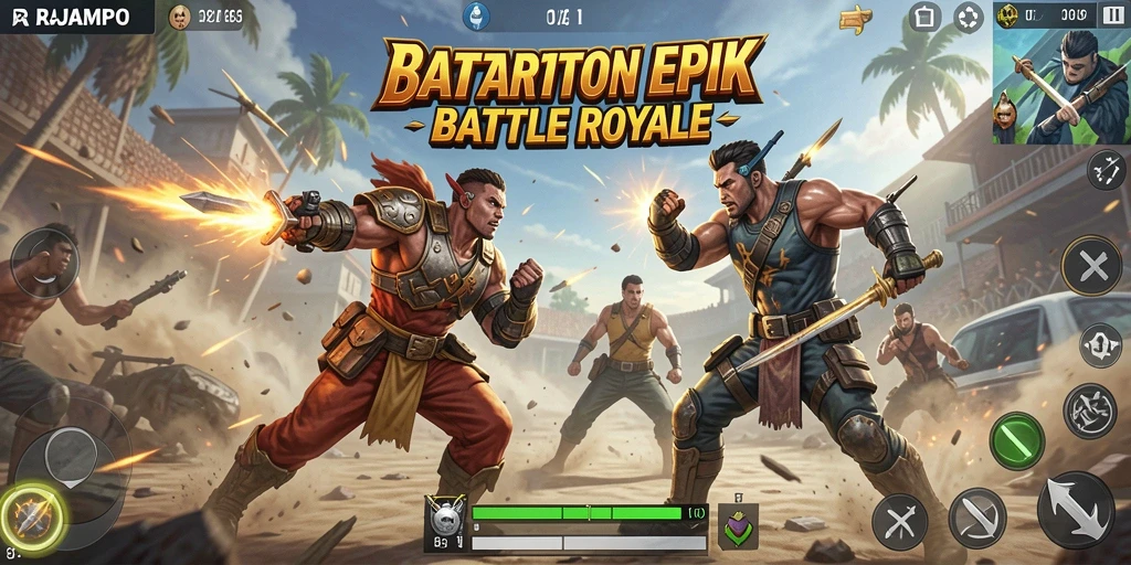 Tampilan gameplay seru di RAJAMPO menampilkan aksi Battle Royale yang mendebarkan.