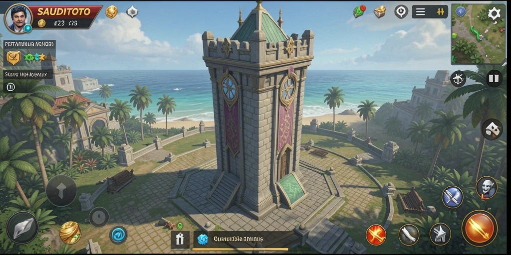 Tampilan gameplay seru di <strong>SAUDITOTO</strong> dengan menara bertahan dan musuh yang menyerang.